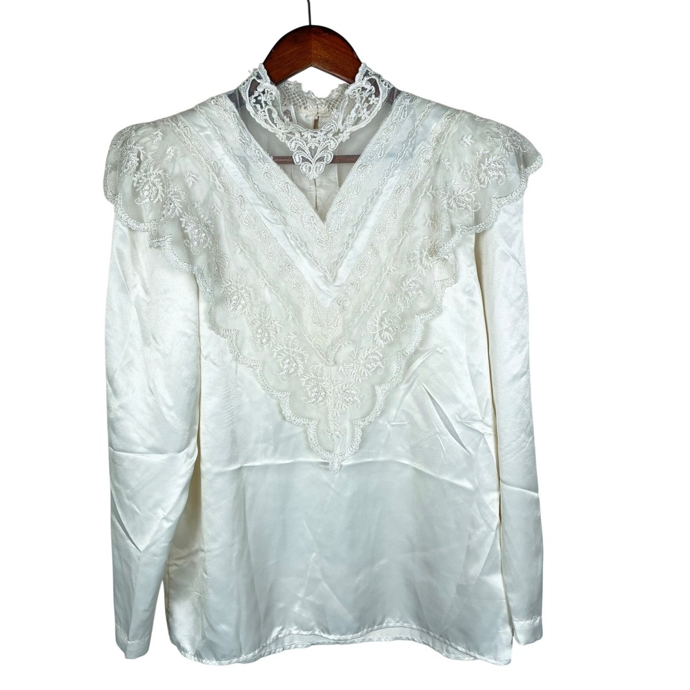Vintage Blouse Sz M Lace Victorian High Neck Regency Gothic Ruffle Romantic Boho